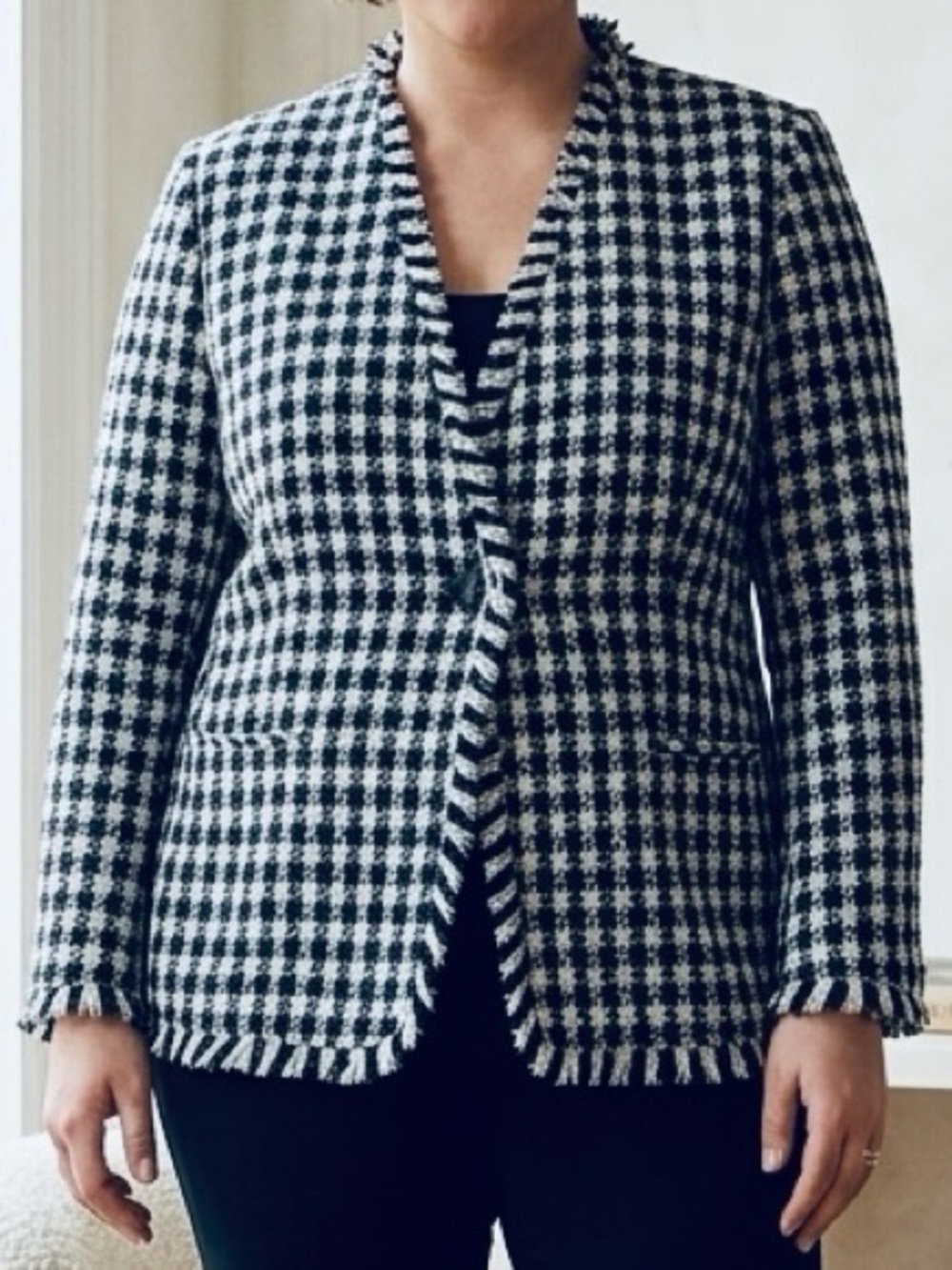 Alloy Apparel Black White Houndstooth Tweed Fringe Blazer Jacket XXL